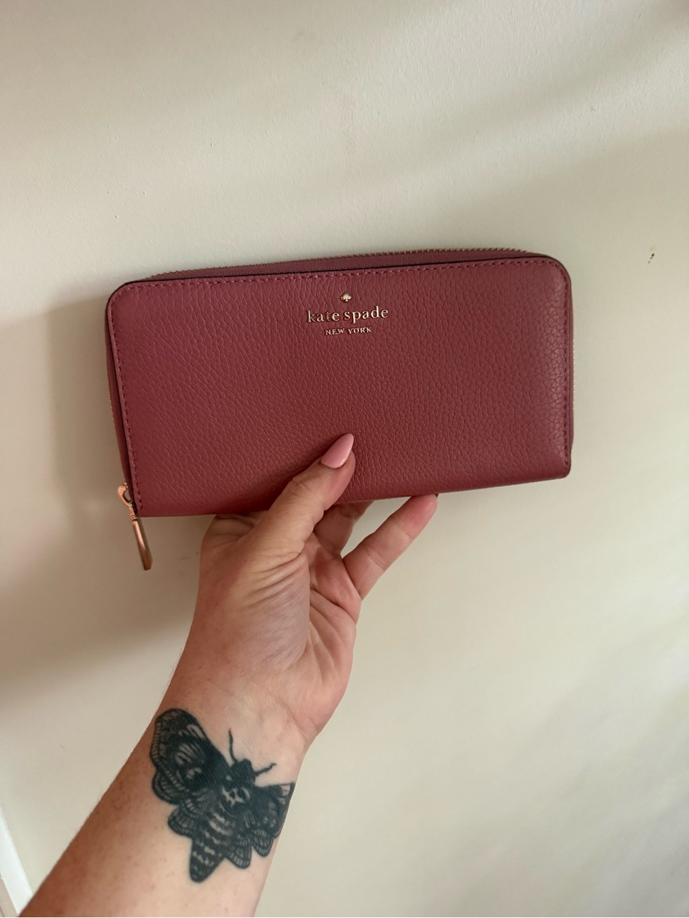 kate spade Pebbled Rose Zip-Around Wallet with Gold Hardware